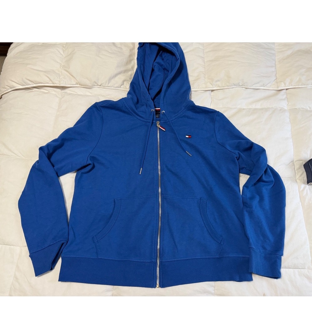 Tommy Hilfiger Womens Royal Blue Full Zip Hoodie Sweatshirt Gold Zipper Large